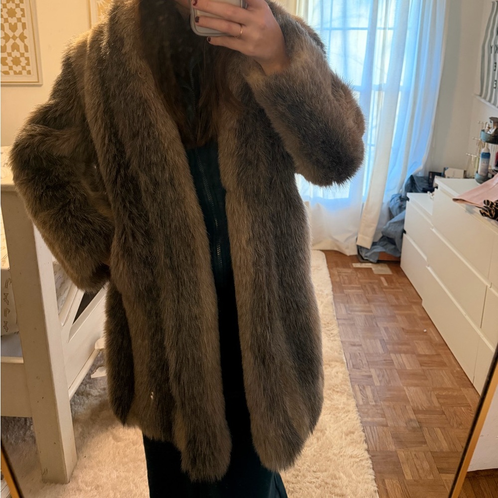 Elegant Vintage Real Fur Coat - Gray and Brown